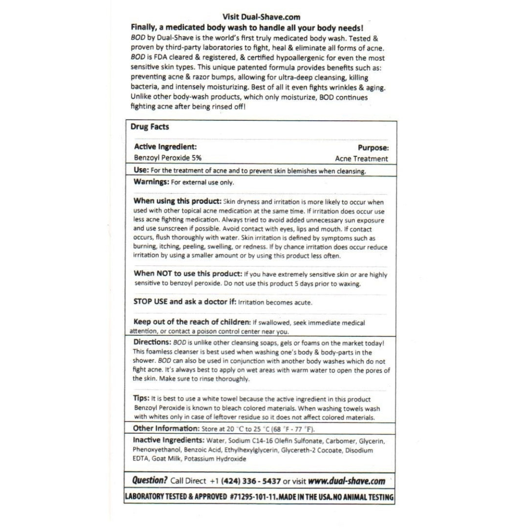 BOD Anti-Acne Medicated Body Wash - Benzoyl Peroxide 5% with Goat Milk, 8 oz